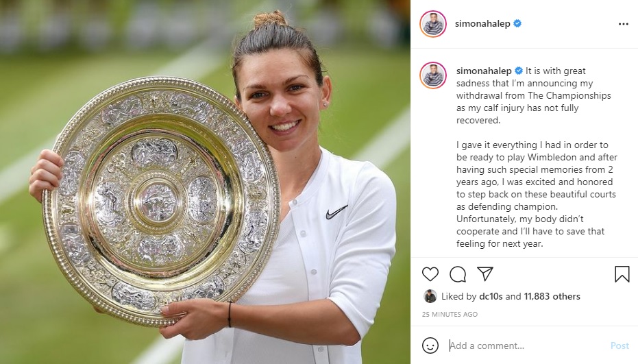 Simona Halep s-a retras şi la turnelul de la Wimbledon: "Nu m-am putut recupera complet după accidentare"