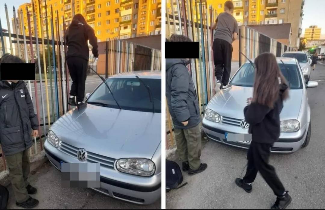 Elevi forțați de un șofer tupeist să treacă peste autoturism pentru a intra în școală. Cine îi sare în apărare vinovatului: „Este distrugere și vandalism. Parcatul pe trotuar e doar o contravenție”