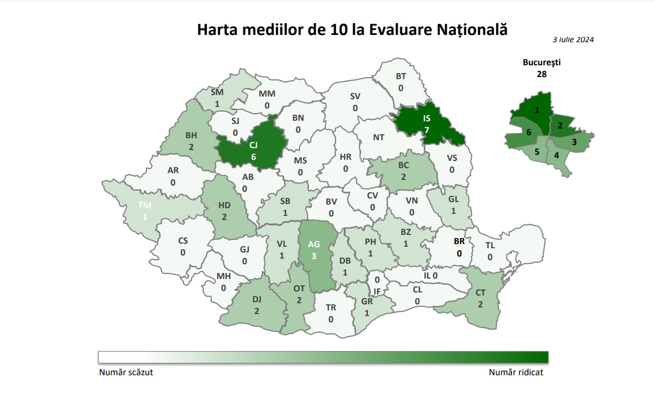 Rezultate Evaluarea Națională 2024 București. Capitala are aproape jumătate din mediile maxime. Vezi Harta mediilor de 10 la Evaluarea Națională 2024