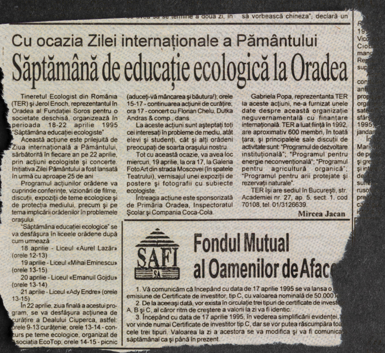 Articol din ziarul local „Jurnal bihorean”, 15 aprilie 1995 (Sursă foto : Recorder)